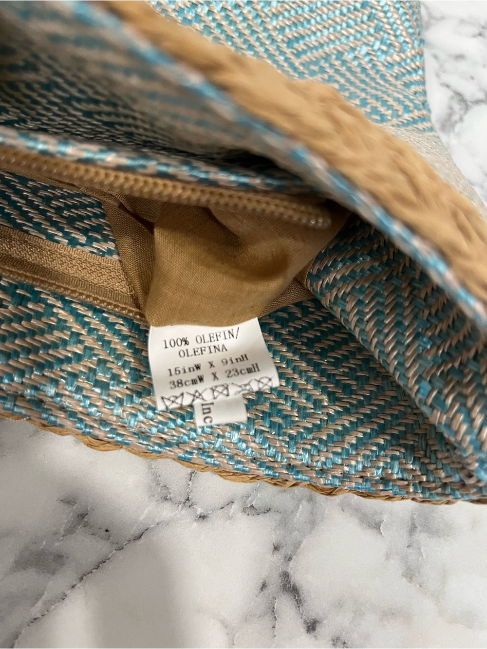 Cappelli pastel blue tan woven straw handbag tote colorful beaded handle coastal - Picture 9 of 9